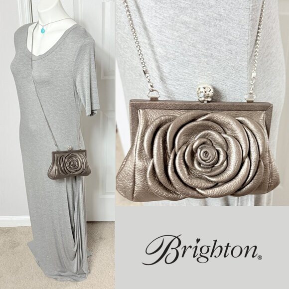 Brighton Pewter Leather Clutch Crossbody Purse Large Dimensional Flower on Front - Picture 6 of 17